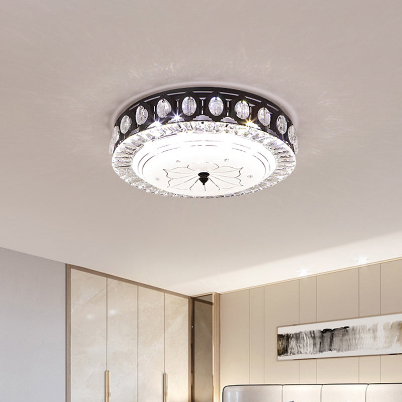 Black Drum Flush Mount Lighting Modernist Metal LED Bedroom Flush Lamp with Crystal Accent Clearhalo 'Ceiling Lights' 'Close To Ceiling Lights' 'Close to ceiling' 'Flush mount' Lighting' 759504