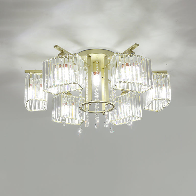 5/7 Bulbs Semi-Flush Ceiling Light Modern Bedroom Flushmount Lamp with Cuboid Clear Crystal Block Shade Clearhalo 'Ceiling Lights' 'Close To Ceiling Lights' 'Close to ceiling' 'Semi-flushmount' Lighting' 759524