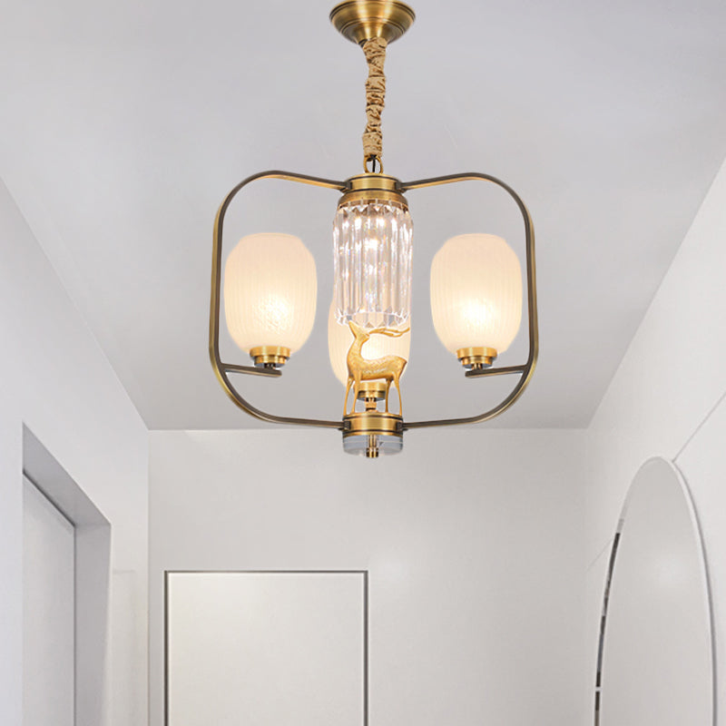 Oblong Frosted Glass Pendant Chandelier Modernist 3/6 Heads Living Room Suspension Lamp in Brass Clearhalo 'Ceiling Lights' 'Chandeliers' 'Modern Chandeliers' 'Modern' Lighting' 759527