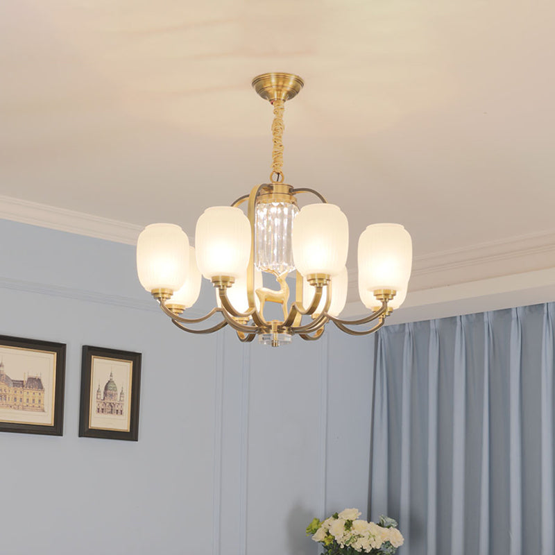 Oblong Frosted Glass Pendant Chandelier Modernist 3/6 Heads Living Room Suspension Lamp in Brass 6 Brass Clearhalo 'Ceiling Lights' 'Chandeliers' 'Modern Chandeliers' 'Modern' Lighting' 759530