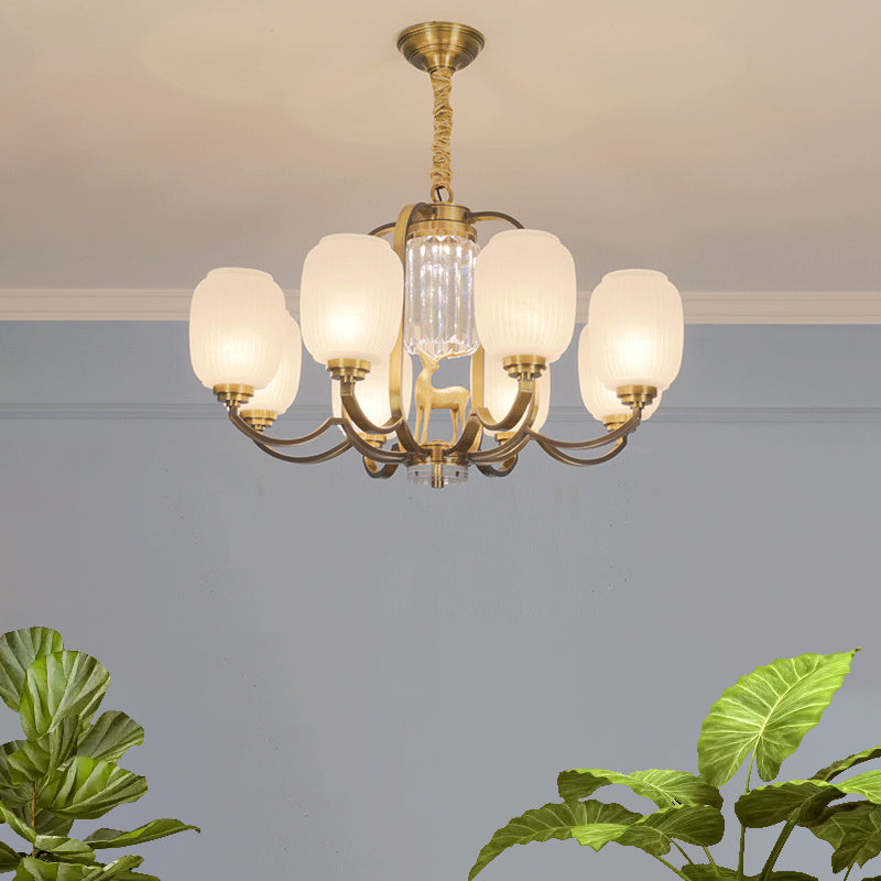 Oblong Frosted Glass Pendant Chandelier Modernist 3/6 Heads Living Room Suspension Lamp in Brass Clearhalo 'Ceiling Lights' 'Chandeliers' 'Modern Chandeliers' 'Modern' Lighting' 759532