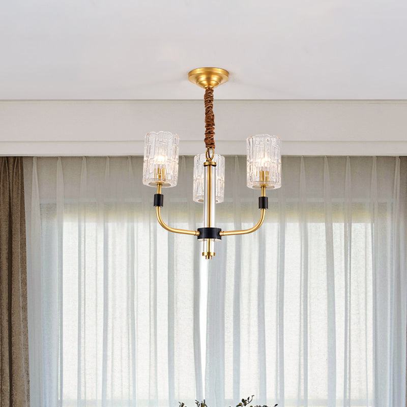 Brass 3/6 Lights Chandelier Lighting Minimalism Crystal Block Cylindrical Ceiling Pendant Lamp Clearhalo 'Ceiling Lights' 'Chandeliers' 'Modern Chandeliers' 'Modern' Lighting' 759541