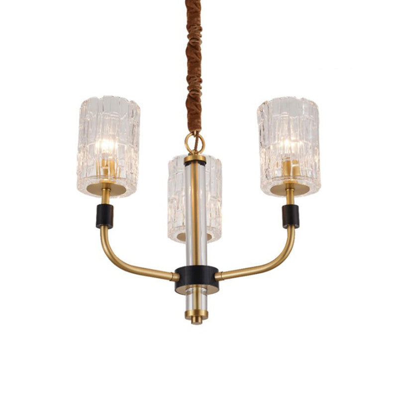 Brass 3/6 Lights Chandelier Lighting Minimalism Crystal Block Cylindrical Ceiling Pendant Lamp Clearhalo 'Ceiling Lights' 'Chandeliers' 'Modern Chandeliers' 'Modern' Lighting' 759542