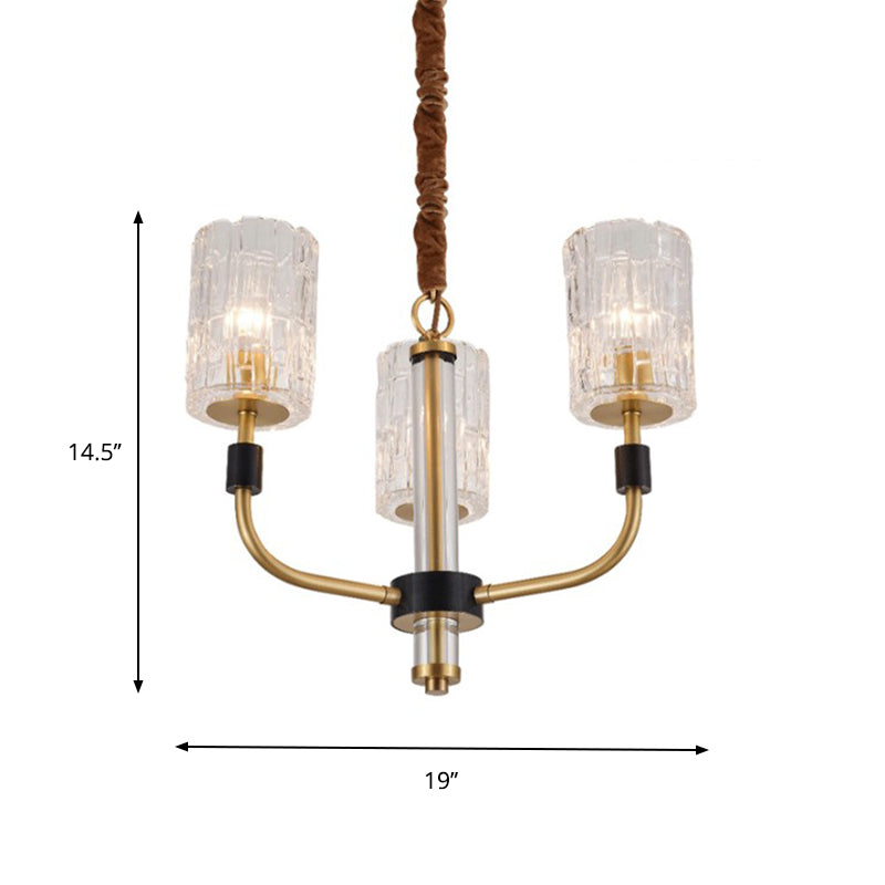 Brass 3/6 Lights Chandelier Lighting Minimalism Crystal Block Cylindrical Ceiling Pendant Lamp Clearhalo 'Ceiling Lights' 'Chandeliers' 'Modern Chandeliers' 'Modern' Lighting' 759543