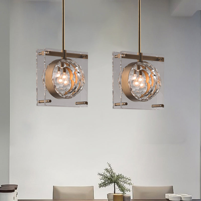 Global Beveled Crystal Pendant Modernism 1 Light Bedroom Hanging Ceiling Lamp with 2-Square Panel in Brass Brass Clearhalo 'Ceiling Lights' 'Modern Pendants' 'Modern' 'Pendant Lights' 'Pendants' Lighting' 759548