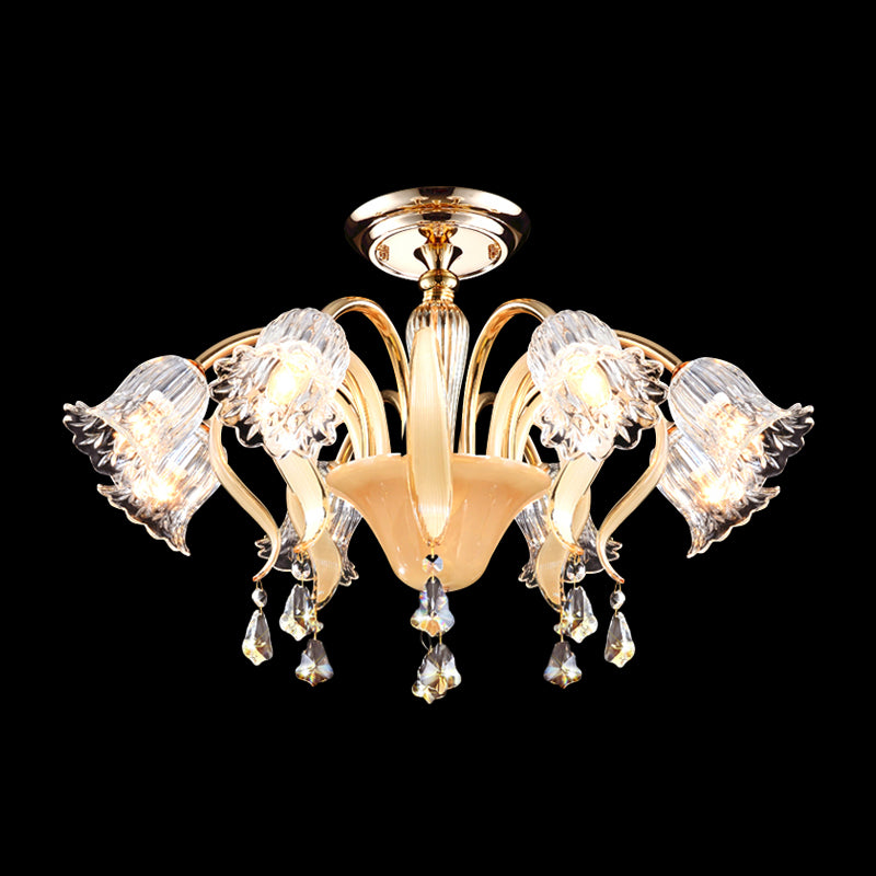 Flower Bedroom Semi Flush Mount Contemporary Crystal 8 Heads Gold Close to Ceiling Lamp Clearhalo 'Ceiling Lights' 'Close To Ceiling Lights' 'Close to ceiling' 'Semi-flushmount' Lighting' 759571