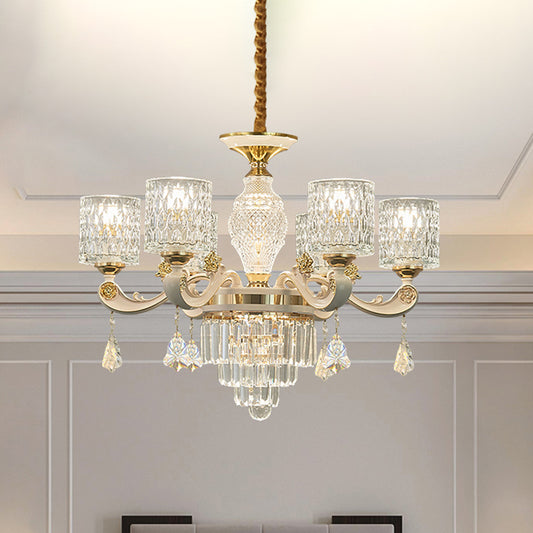 6/8-Light Crystal Pendant Lighting Modernism Gold Cylinder Dining Room Up Chandelier Lamp Fixture 6 Gold Clearhalo 'Ceiling Lights' 'Chandeliers' 'Modern Chandeliers' 'Modern' Lighting' 759573