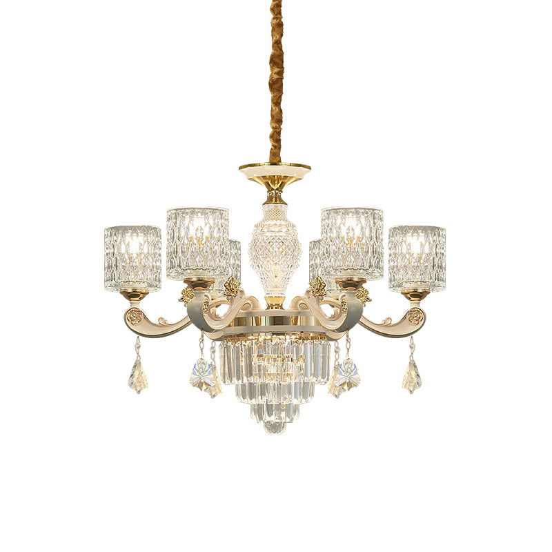 6/8-Light Crystal Pendant Lighting Modernism Gold Cylinder Dining Room Up Chandelier Lamp Fixture Clearhalo 'Ceiling Lights' 'Chandeliers' 'Modern Chandeliers' 'Modern' Lighting' 759574