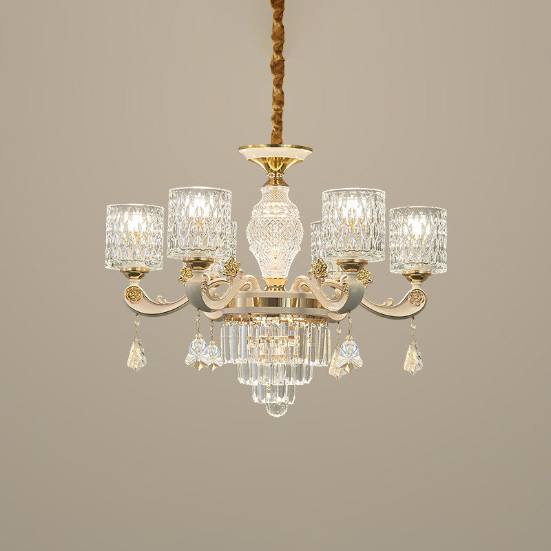 6/8-Light Crystal Pendant Lighting Modernism Gold Cylinder Dining Room Up Chandelier Lamp Fixture Clearhalo 'Ceiling Lights' 'Chandeliers' 'Modern Chandeliers' 'Modern' Lighting' 759575
