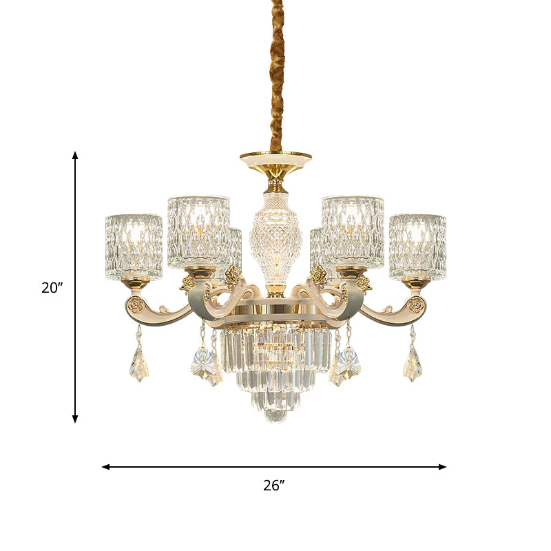 6/8-Light Crystal Pendant Lighting Modernism Gold Cylinder Dining Room Up Chandelier Lamp Fixture Clearhalo 'Ceiling Lights' 'Chandeliers' 'Modern Chandeliers' 'Modern' Lighting' 759576