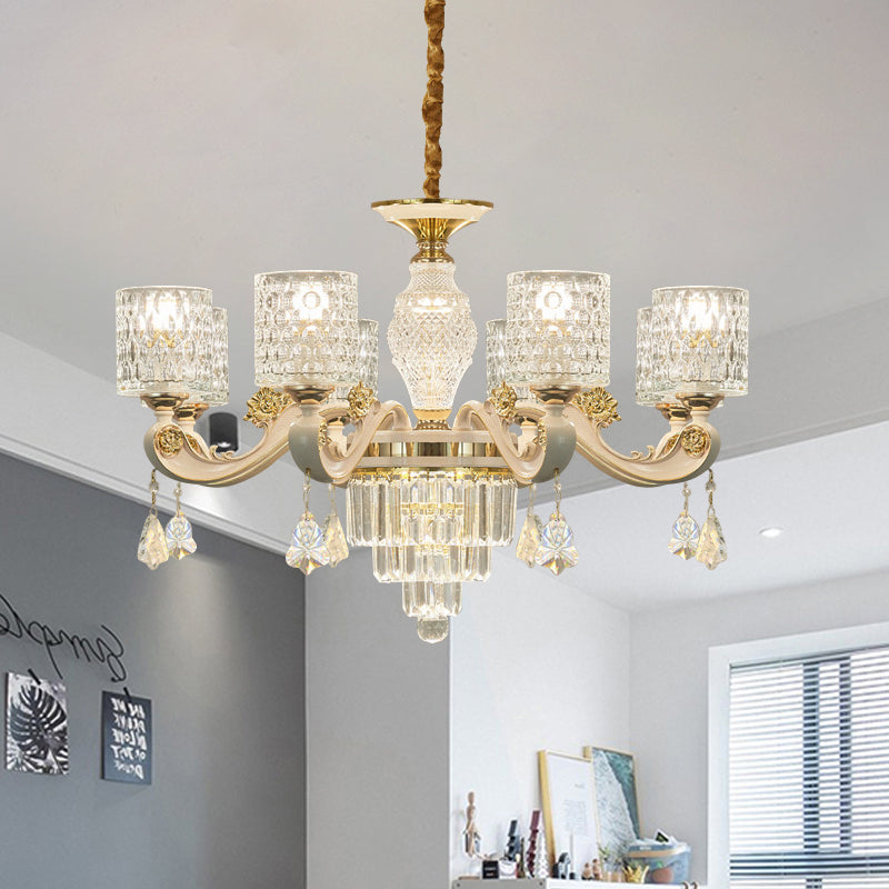 6/8-Light Crystal Pendant Lighting Modernism Gold Cylinder Dining Room Up Chandelier Lamp Fixture 8 Gold Clearhalo 'Ceiling Lights' 'Chandeliers' 'Modern Chandeliers' 'Modern' Lighting' 759577