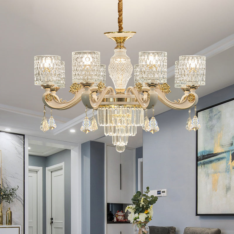6/8-Light Crystal Pendant Lighting Modernism Gold Cylinder Dining Room Up Chandelier Lamp Fixture Clearhalo 'Ceiling Lights' 'Chandeliers' 'Modern Chandeliers' 'Modern' Lighting' 759578
