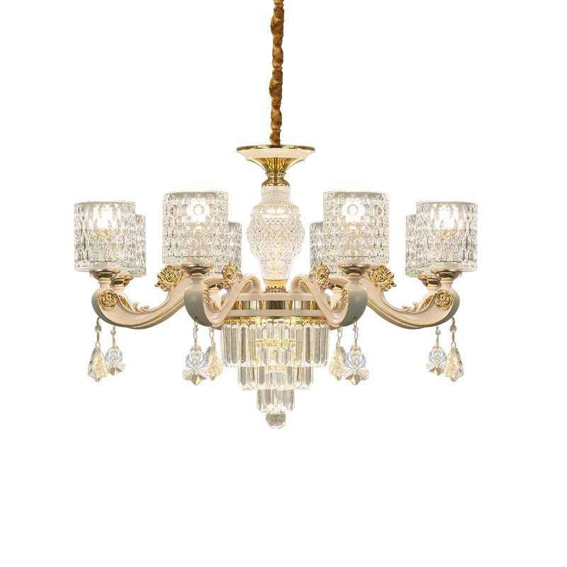 6/8-Light Crystal Pendant Lighting Modernism Gold Cylinder Dining Room Up Chandelier Lamp Fixture Clearhalo 'Ceiling Lights' 'Chandeliers' 'Modern Chandeliers' 'Modern' Lighting' 759579