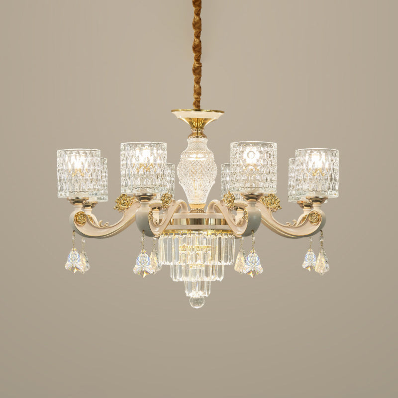 6/8-Light Crystal Pendant Lighting Modernism Gold Cylinder Dining Room Up Chandelier Lamp Fixture Clearhalo 'Ceiling Lights' 'Chandeliers' 'Modern Chandeliers' 'Modern' Lighting' 759580