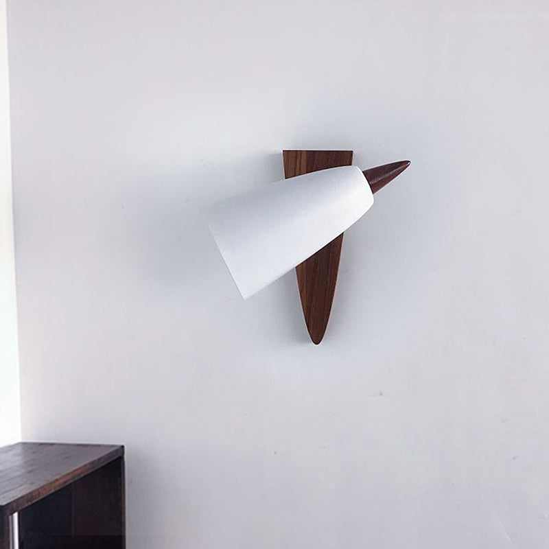 Cone Metal Wall Mount Light Modern 1-Bulb White Sconce Lamp Fixture with Triangle Wood Backplate White Clearhalo 'Modern wall lights' 'Modern' 'Wall Lamps & Sconces' 'Wall Lights' Lighting' 759635