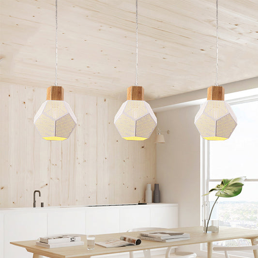1 Light Bedroom Hanging Light Kit Modern White Finish Drop Pednant Lamp with Hollow-Out Polyhedron Metal Shade White Clearhalo 'Ceiling Lights' 'Modern Pendants' 'Modern' 'Pendant Lights' 'Pendants' Lighting' 759639
