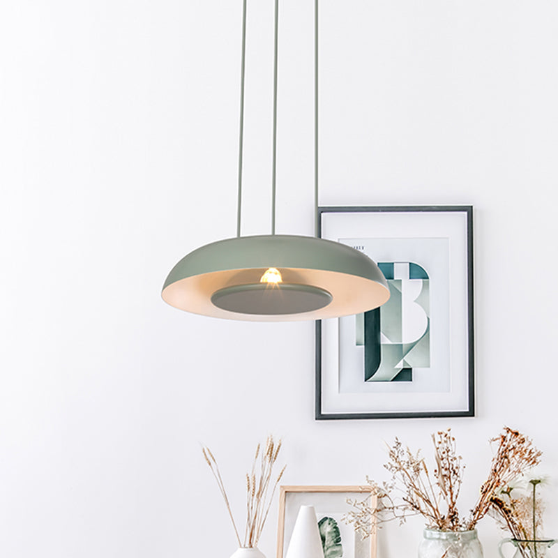 Pink/Blue/Green Plate Pendant Lamp Macaron Single Iron Hanging Light with Disc Bottom over Table Clearhalo 'Ceiling Lights' 'Modern Pendants' 'Modern' 'Pendant Lights' 'Pendants' Lighting' 759676