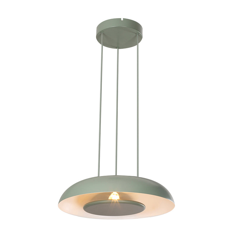 Pink/Blue/Green Plate Pendant Lamp Macaron Single Iron Hanging Light with Disc Bottom over Table Clearhalo 'Ceiling Lights' 'Modern Pendants' 'Modern' 'Pendant Lights' 'Pendants' Lighting' 759677