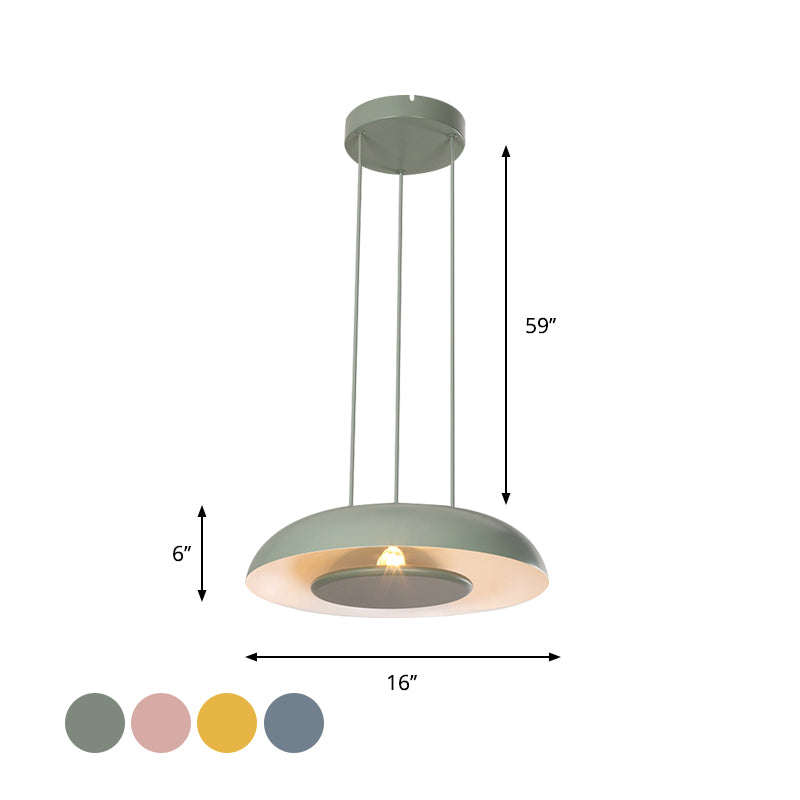 Pink/Blue/Green Plate Pendant Lamp Macaron Single Iron Hanging Light with Disc Bottom over Table Clearhalo 'Ceiling Lights' 'Modern Pendants' 'Modern' 'Pendant Lights' 'Pendants' Lighting' 759678