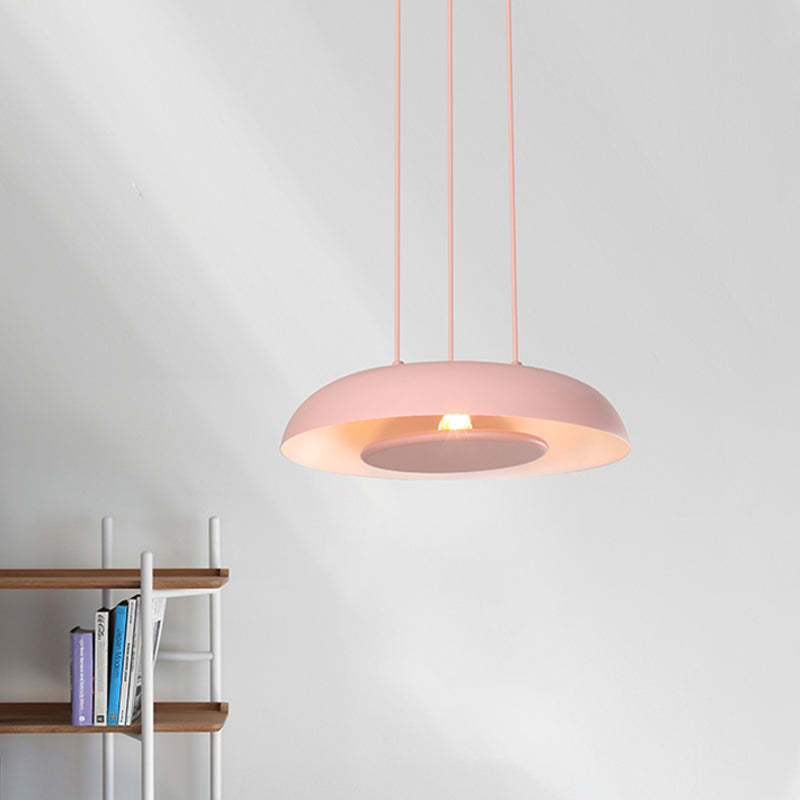 Pink/Blue/Green Plate Pendant Lamp Macaron Single Iron Hanging Light with Disc Bottom over Table Pink Clearhalo 'Ceiling Lights' 'Modern Pendants' 'Modern' 'Pendant Lights' 'Pendants' Lighting' 759679