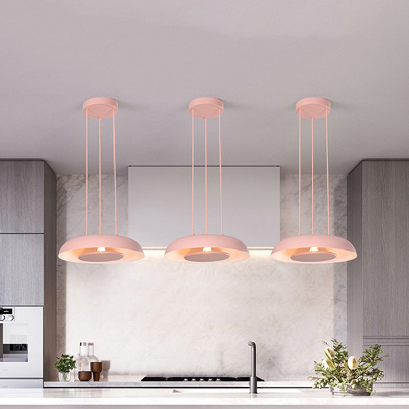 Pink/Blue/Green Plate Pendant Lamp Macaron Single Iron Hanging Light with Disc Bottom over Table Clearhalo 'Ceiling Lights' 'Modern Pendants' 'Modern' 'Pendant Lights' 'Pendants' Lighting' 759680