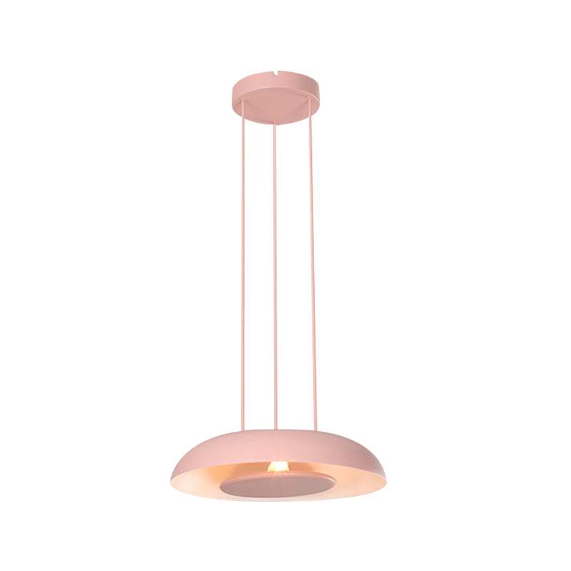 Pink/Blue/Green Plate Pendant Lamp Macaron Single Iron Hanging Light with Disc Bottom over Table Clearhalo 'Ceiling Lights' 'Modern Pendants' 'Modern' 'Pendant Lights' 'Pendants' Lighting' 759681