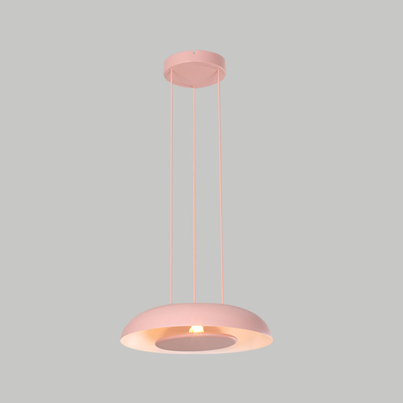 Pink/Blue/Green Plate Pendant Lamp Macaron Single Iron Hanging Light with Disc Bottom over Table Clearhalo 'Ceiling Lights' 'Modern Pendants' 'Modern' 'Pendant Lights' 'Pendants' Lighting' 759682