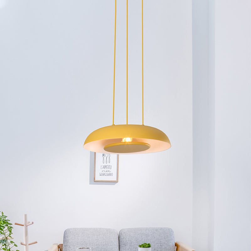 Pink/Blue/Green Plate Pendant Lamp Macaron Single Iron Hanging Light with Disc Bottom over Table Yellow Clearhalo 'Ceiling Lights' 'Modern Pendants' 'Modern' 'Pendant Lights' 'Pendants' Lighting' 759687