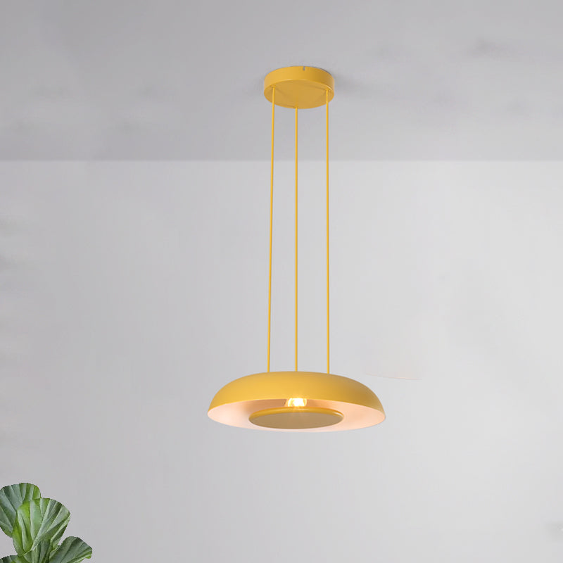 Pink/Blue/Green Plate Pendant Lamp Macaron Single Iron Hanging Light with Disc Bottom over Table Clearhalo 'Ceiling Lights' 'Modern Pendants' 'Modern' 'Pendant Lights' 'Pendants' Lighting' 759688