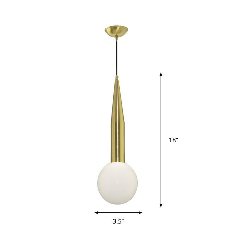 Tapering Bedside Pendant Light Kit Metallic Single Postmodern Style Hanging Lamp in Gold with Ball Milk Glass Shade Clearhalo 'Ceiling Lights' 'Chandeliers' 'Glass shade' 'Glass' 'Modern Pendants' 'Modern' 'Pendant Lights' 'Pendants' Lighting' 759710