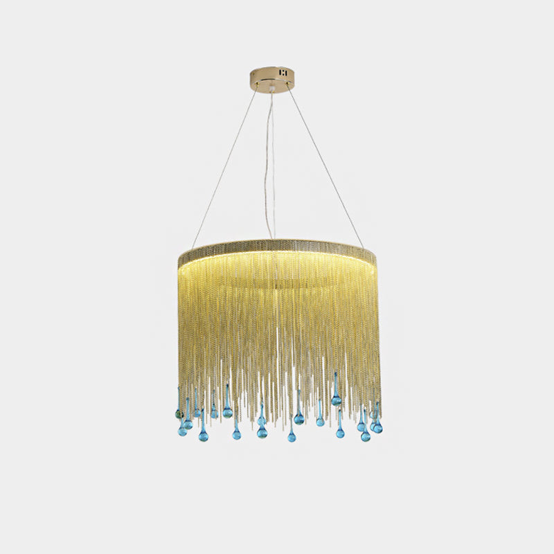 Modern Stylish Fringe Skirt Pendant Lamp Aluminum Bedroom 16"/19.5" W LED Hanging Light Fixture in Gold with Blue Glass Drop Clearhalo 'Ceiling Lights' 'Modern Pendants' 'Modern' 'Pendant Lights' 'Pendants' Lighting' 759713