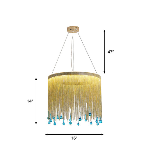 Modern Stylish Fringe Skirt Pendant Lamp Aluminum Bedroom 16"/19.5" W LED Hanging Light Fixture in Gold with Blue Glass Drop Clearhalo 'Ceiling Lights' 'Modern Pendants' 'Modern' 'Pendant Lights' 'Pendants' Lighting' 759714