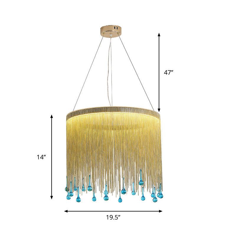 Modern Stylish Fringe Skirt Pendant Lamp Aluminum Bedroom 16"/19.5" W LED Hanging Light Fixture in Gold with Blue Glass Drop Clearhalo 'Ceiling Lights' 'Modern Pendants' 'Modern' 'Pendant Lights' 'Pendants' Lighting' 759715