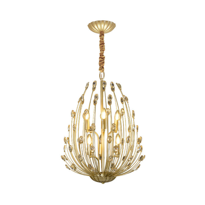 Crystal Gold Hanging Chandelier Ovoid Shaped Floral Vine 6 Bulbs Retro Stylish Pendant Light Clearhalo 'Ceiling Lights' 'Chandeliers' 'Modern Chandeliers' 'Modern' Lighting' 759763