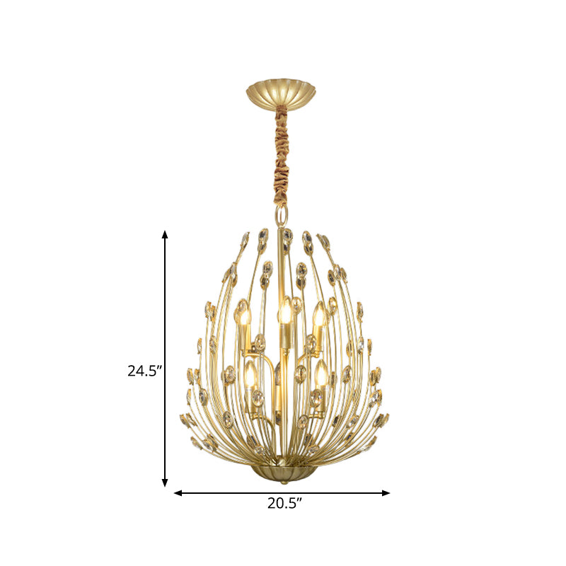 Crystal Gold Hanging Chandelier Ovoid Shaped Floral Vine 6 Bulbs Retro Stylish Pendant Light Clearhalo 'Ceiling Lights' 'Chandeliers' 'Modern Chandeliers' 'Modern' Lighting' 759765