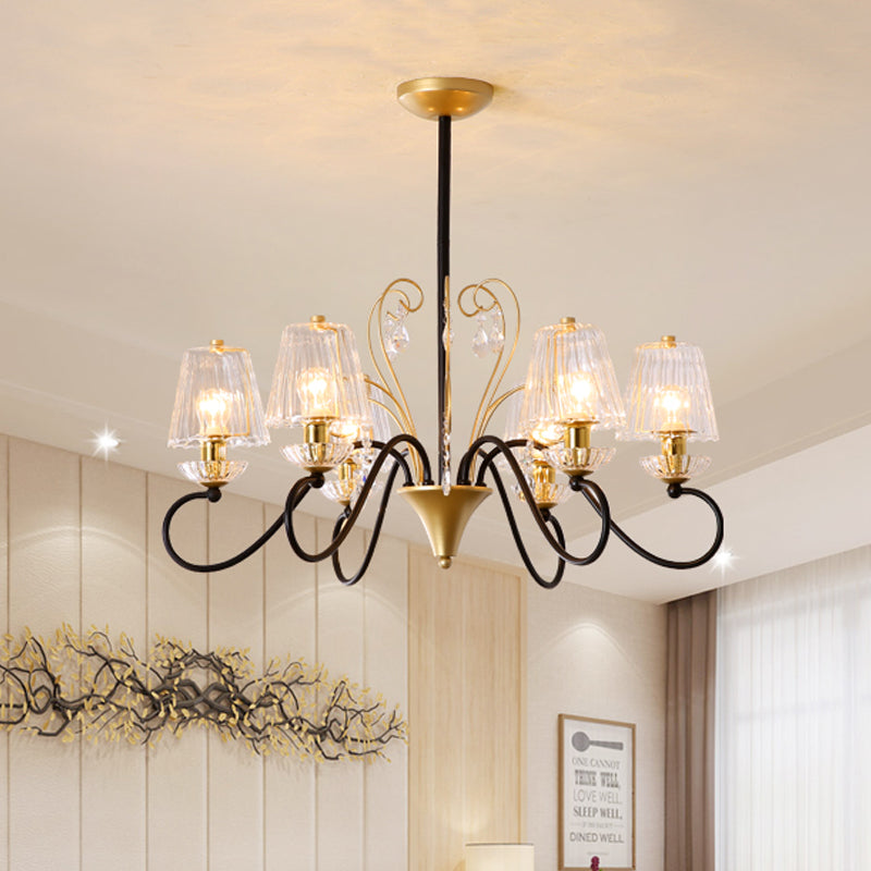 6/8-Light Pendant Chandelier Contemporary Cone Shade Ribbed Crystal Suspension Lamp with Swirl Arm in Black-Gold/Gold 6 Black-Gold Clearhalo 'Ceiling Lights' 'Chandeliers' 'Modern Chandeliers' 'Modern' Lighting' 759766