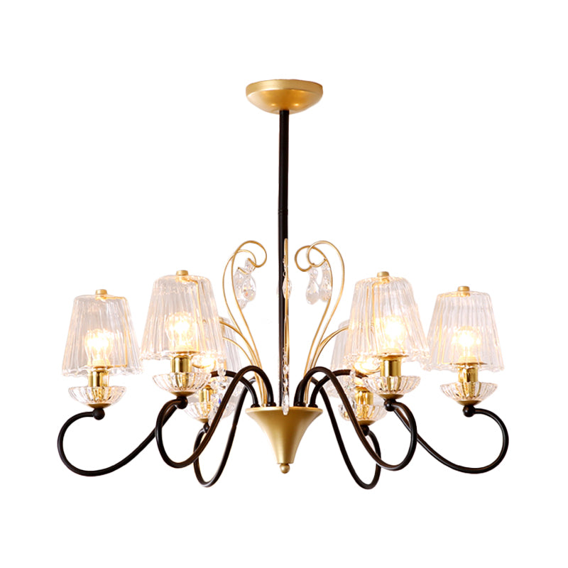 6/8-Light Pendant Chandelier Contemporary Cone Shade Ribbed Crystal Suspension Lamp with Swirl Arm in Black-Gold/Gold Clearhalo 'Ceiling Lights' 'Chandeliers' 'Modern Chandeliers' 'Modern' Lighting' 759767