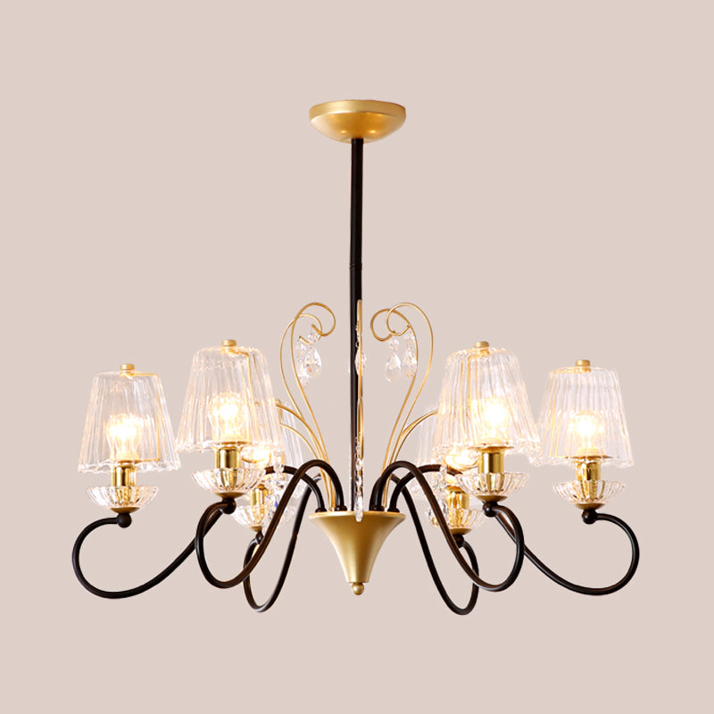 6/8-Light Pendant Chandelier Contemporary Cone Shade Ribbed Crystal Suspension Lamp with Swirl Arm in Black-Gold/Gold Clearhalo 'Ceiling Lights' 'Chandeliers' 'Modern Chandeliers' 'Modern' Lighting' 759768