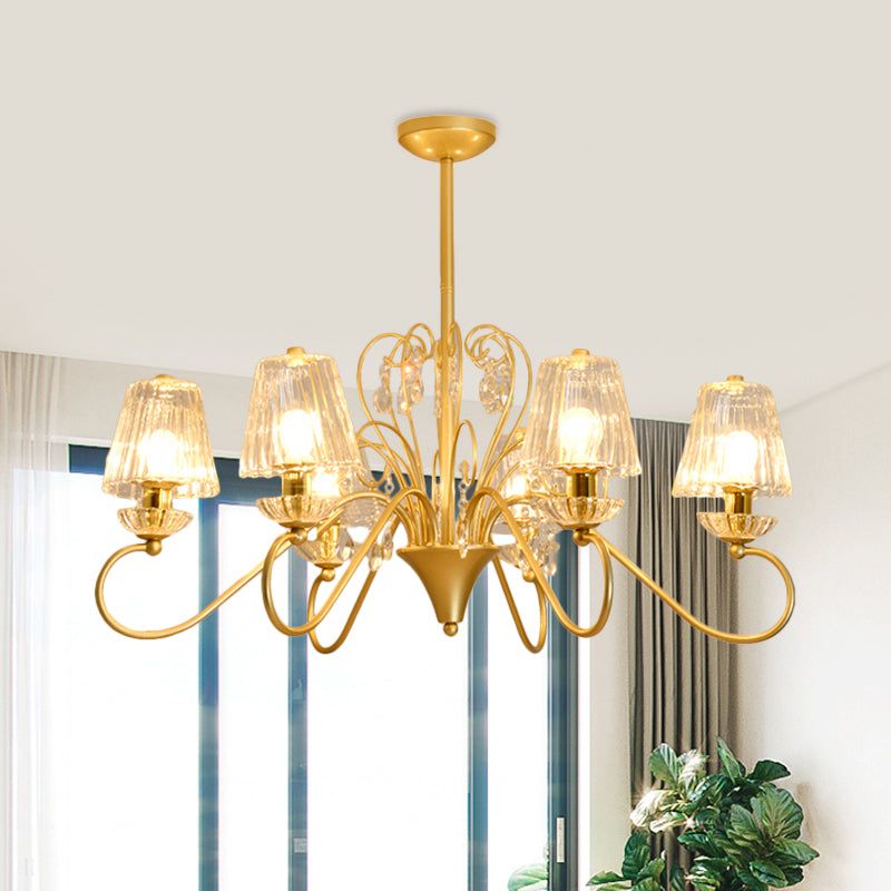 6/8-Light Pendant Chandelier Contemporary Cone Shade Ribbed Crystal Suspension Lamp with Swirl Arm in Black-Gold/Gold Clearhalo 'Ceiling Lights' 'Chandeliers' 'Modern Chandeliers' 'Modern' Lighting' 759771