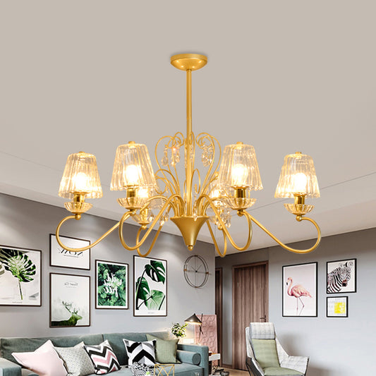 6/8-Light Pendant Chandelier Contemporary Cone Shade Ribbed Crystal Suspension Lamp with Swirl Arm in Black-Gold/Gold Clearhalo 'Ceiling Lights' 'Chandeliers' 'Modern Chandeliers' 'Modern' Lighting' 759772