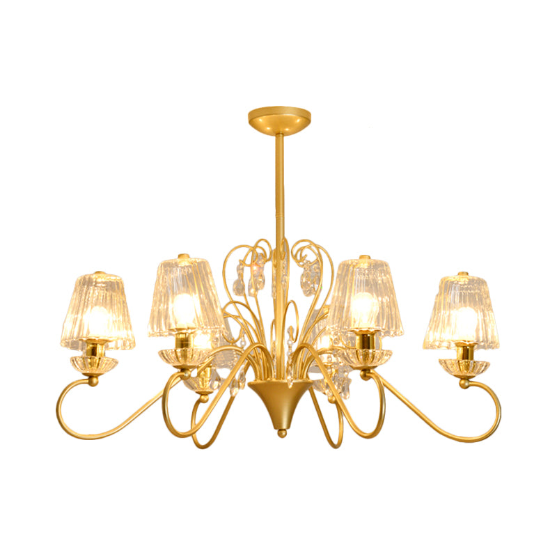 6/8-Light Pendant Chandelier Contemporary Cone Shade Ribbed Crystal Suspension Lamp with Swirl Arm in Black-Gold/Gold Clearhalo 'Ceiling Lights' 'Chandeliers' 'Modern Chandeliers' 'Modern' Lighting' 759773