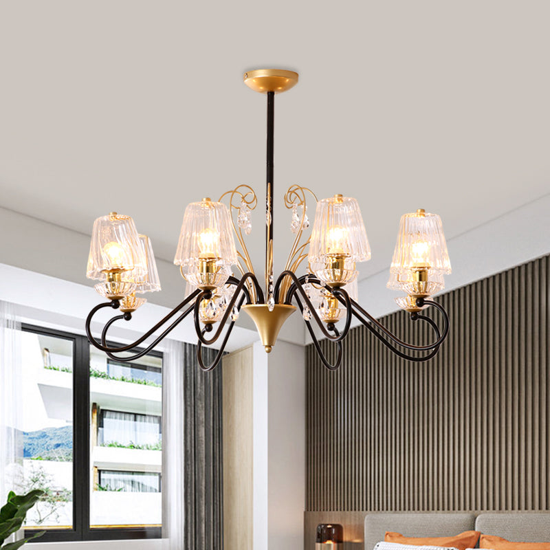 6/8-Light Pendant Chandelier Contemporary Cone Shade Ribbed Crystal Suspension Lamp with Swirl Arm in Black-Gold/Gold Clearhalo 'Ceiling Lights' 'Chandeliers' 'Modern Chandeliers' 'Modern' Lighting' 759775