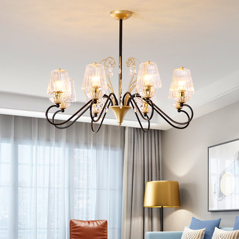 6/8-Light Pendant Chandelier Contemporary Cone Shade Ribbed Crystal Suspension Lamp with Swirl Arm in Black-Gold/Gold Clearhalo 'Ceiling Lights' 'Chandeliers' 'Modern Chandeliers' 'Modern' Lighting' 759776