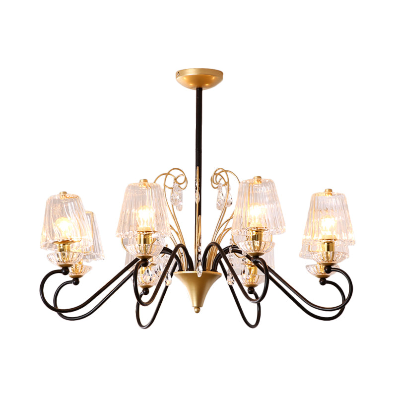 6/8-Light Pendant Chandelier Contemporary Cone Shade Ribbed Crystal Suspension Lamp with Swirl Arm in Black-Gold/Gold Clearhalo 'Ceiling Lights' 'Chandeliers' 'Modern Chandeliers' 'Modern' Lighting' 759777