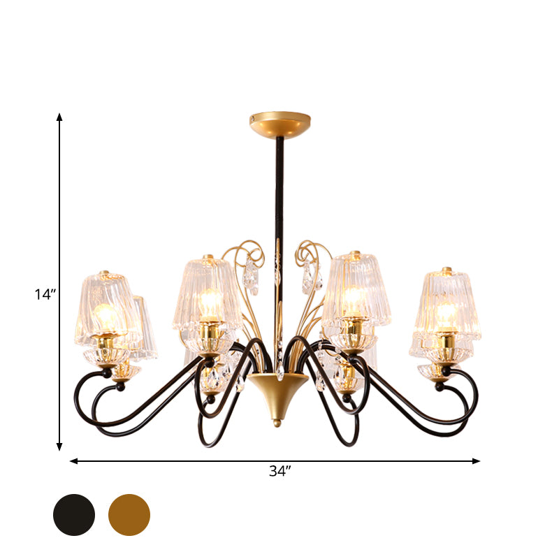 6/8-Light Pendant Chandelier Contemporary Cone Shade Ribbed Crystal Suspension Lamp with Swirl Arm in Black-Gold/Gold Clearhalo 'Ceiling Lights' 'Chandeliers' 'Modern Chandeliers' 'Modern' Lighting' 759778