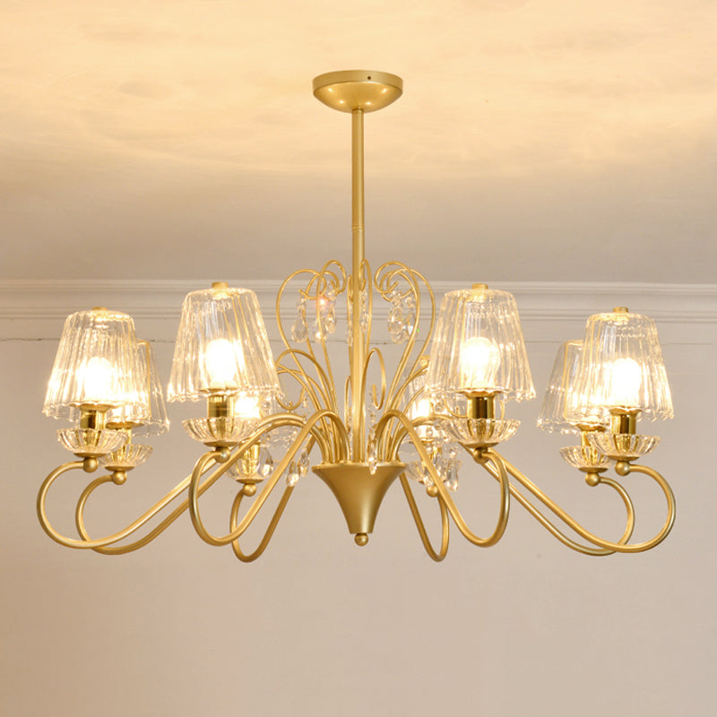 6/8-Light Pendant Chandelier Contemporary Cone Shade Ribbed Crystal Suspension Lamp with Swirl Arm in Black-Gold/Gold 8 Gold Clearhalo 'Ceiling Lights' 'Chandeliers' 'Modern Chandeliers' 'Modern' Lighting' 759779