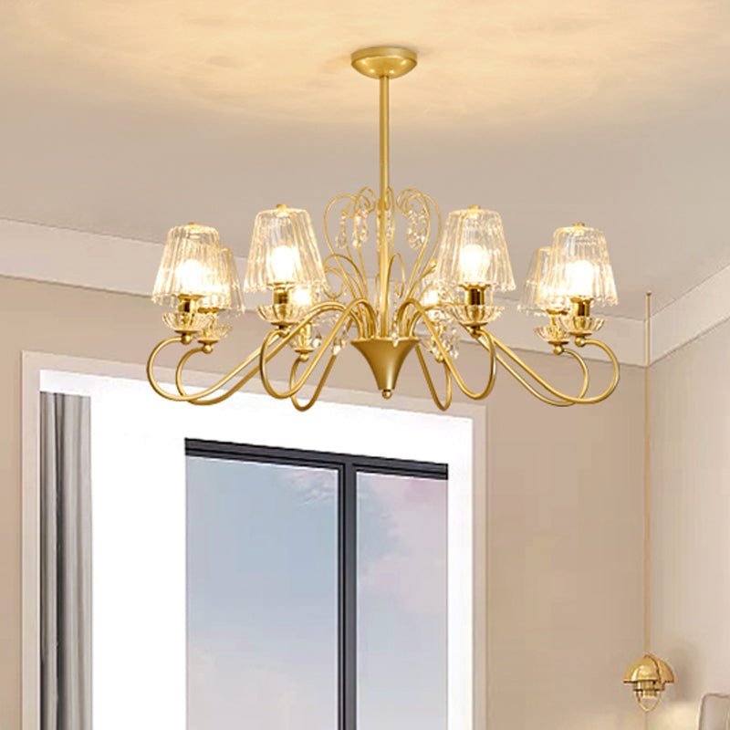 6/8-Light Pendant Chandelier Contemporary Cone Shade Ribbed Crystal Suspension Lamp with Swirl Arm in Black-Gold/Gold Clearhalo 'Ceiling Lights' 'Chandeliers' 'Modern Chandeliers' 'Modern' Lighting' 759781