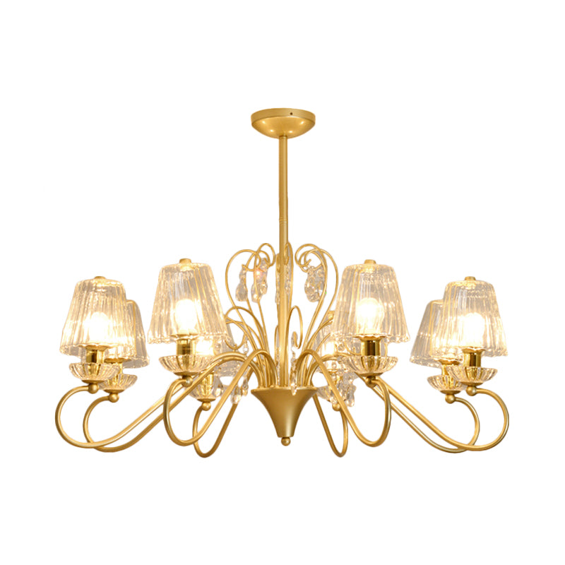 6/8-Light Pendant Chandelier Contemporary Cone Shade Ribbed Crystal Suspension Lamp with Swirl Arm in Black-Gold/Gold Clearhalo 'Ceiling Lights' 'Chandeliers' 'Modern Chandeliers' 'Modern' Lighting' 759782