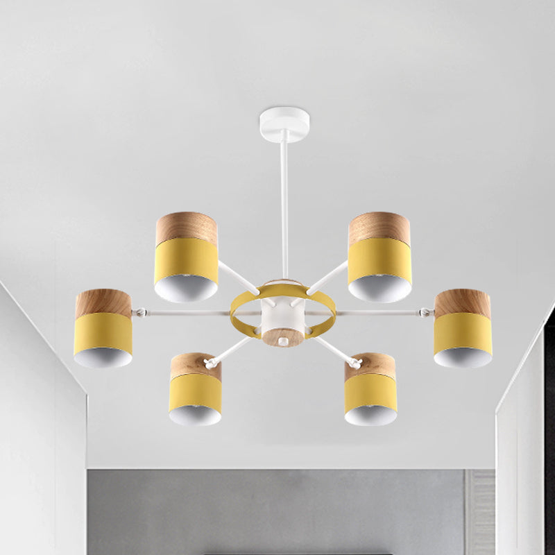 Splicing Cylinder Rotatable Chandelier Macaron Iron 6 Heads Bedroom Ceiling Hanging Light with Burst Arm in Yellow/Grey/White-Wood Yellow Clearhalo 'Ceiling Lights' 'Chandeliers' 'Modern Chandeliers' 'Modern' Lighting' 759799