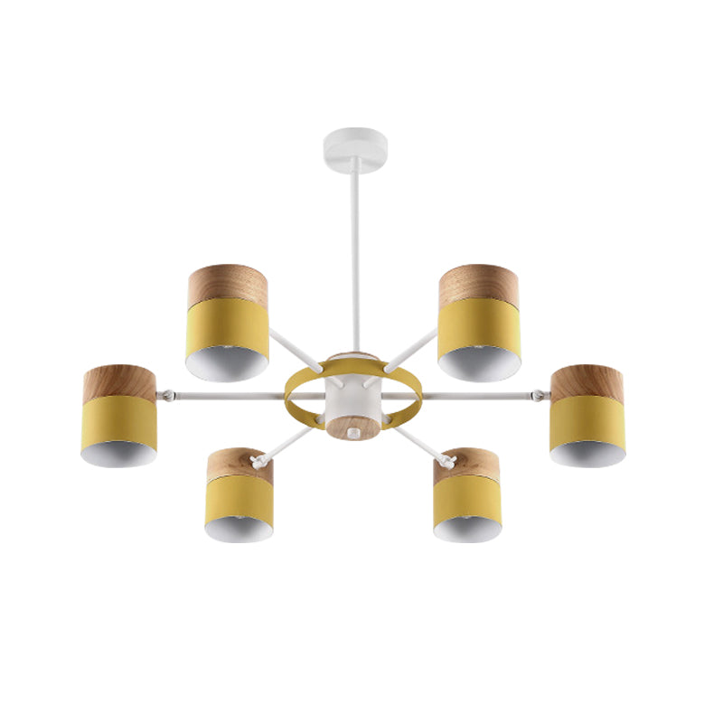 Splicing Cylinder Rotatable Chandelier Macaron Iron 6 Heads Bedroom Ceiling Hanging Light with Burst Arm in Yellow/Grey/White-Wood Clearhalo 'Ceiling Lights' 'Chandeliers' 'Modern Chandeliers' 'Modern' Lighting' 759800